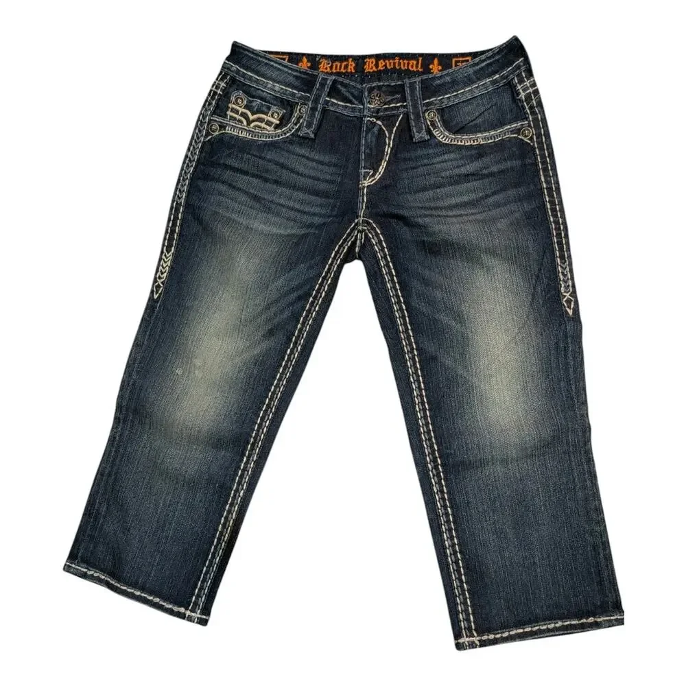 ROCK REVIVAL Ana Capri Jeans Women's 26 Denim Cropped Dark Wash Blue Stitch New